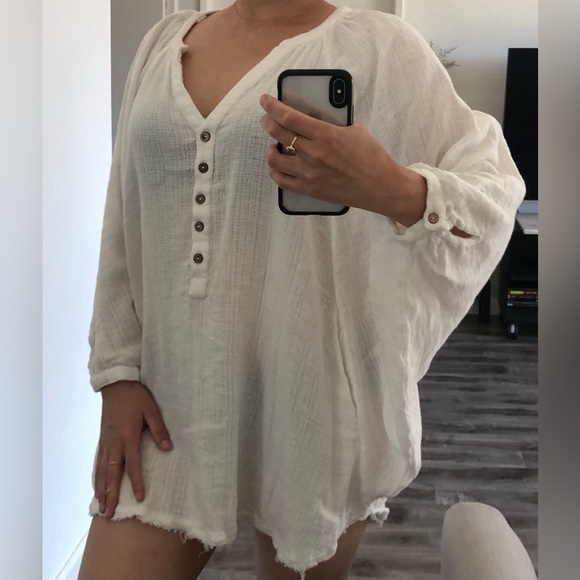 Free People White Cotton Caftan Henley Long Sleeve Beach Cover Up XS S M - Picture 4 of 8